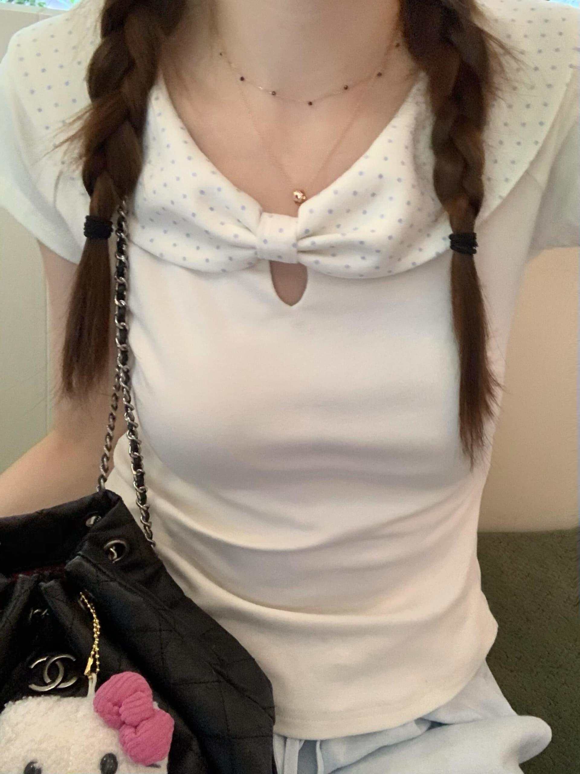40 순면 한 부서 도트 무늬 나비 매듭 베이비 칼라 반팔 티셔츠 여성 여름 몸매 가꾸기 슬림해 보이는 달콤한 아름다운 작은 맨위