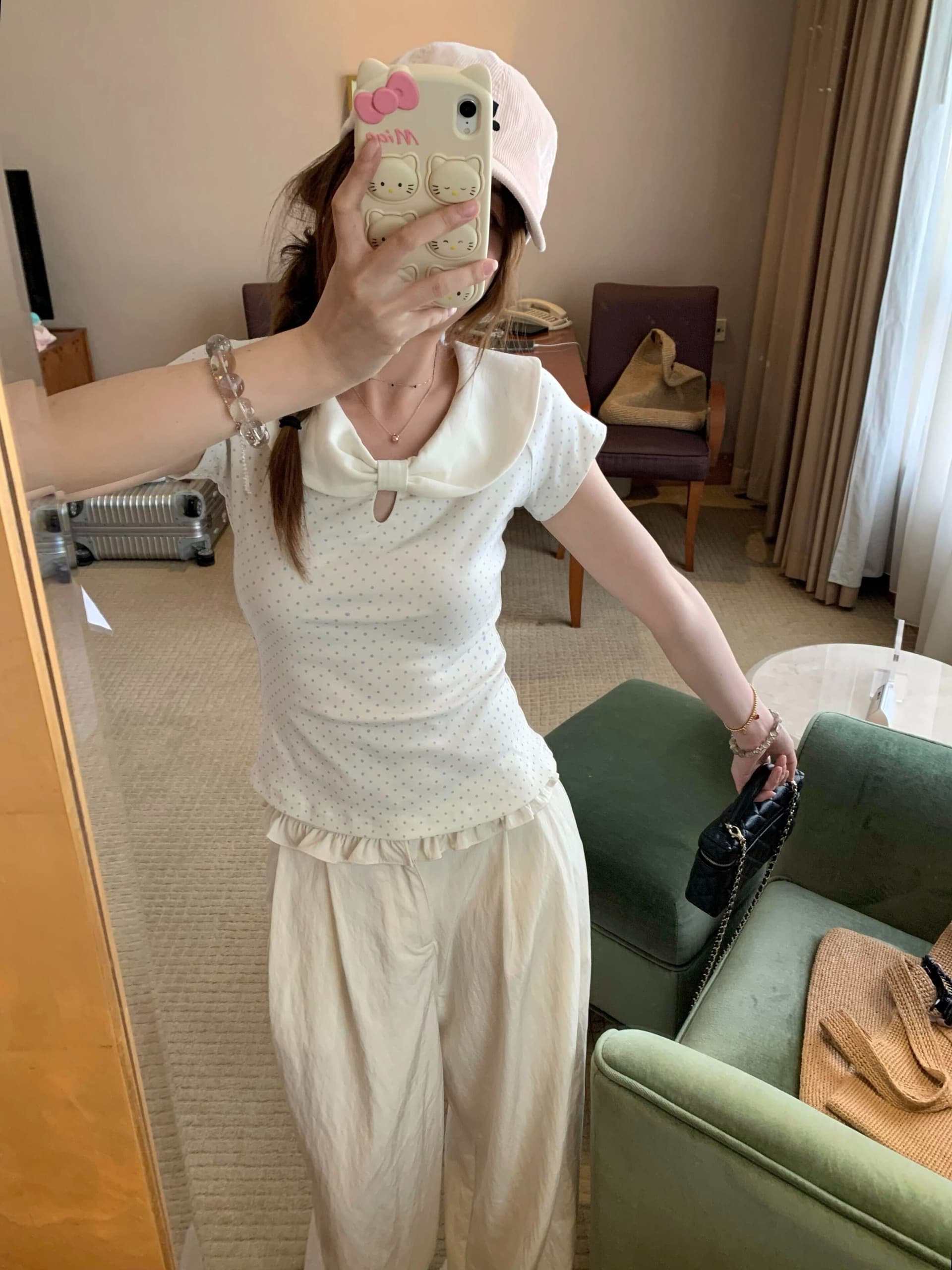 40 순면 한 부서 도트 무늬 나비 매듭 베이비 칼라 반팔 티셔츠 여성 여름 몸매 가꾸기 슬림해 보이는 달콤한 아름다운 작은 맨위 이미지 2