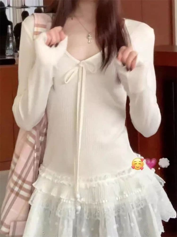 1 1 De 플러시 아메리칸 레이스 조각 V넥 긴팔 티셔츠 여성 가을 나비 매듭 몸매 가꾸기 인사이드 가져 가라. 슬림해 보이는 만나는 맨위 상세 이미지 4
