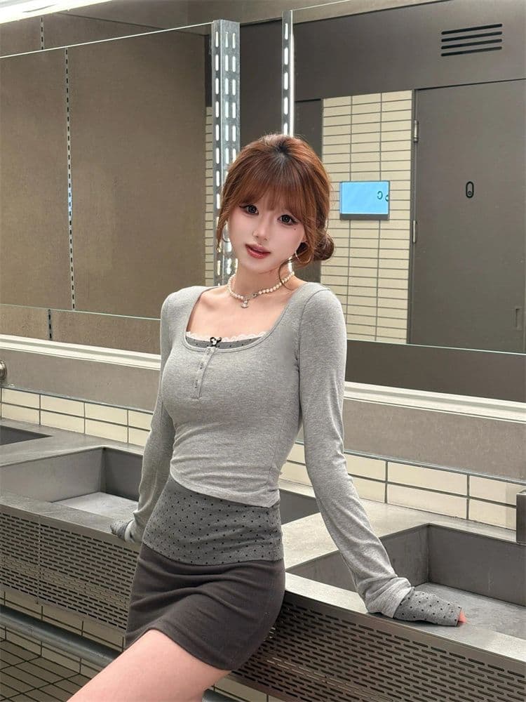 원본 원단 회색 도트 무늬 페이크 레이어드 긴팔 티셔츠 여성 가을 겨울 한 부서 품격 달콤한 매운맛 몸매 가꾸기 만나는 맨위 이미지 4