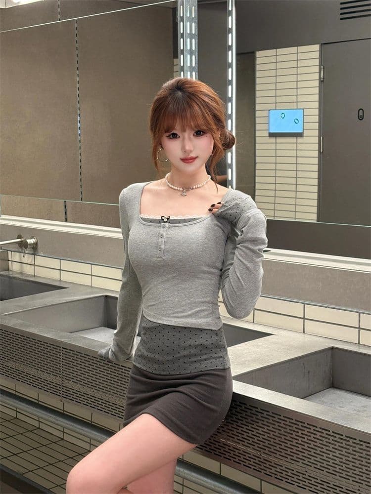 원본 원단 회색 도트 무늬 페이크 레이어드 긴팔 티셔츠 여성 가을 겨울 한 부서 품격 달콤한 매운맛 몸매 가꾸기 만나는 맨위 이미지 2