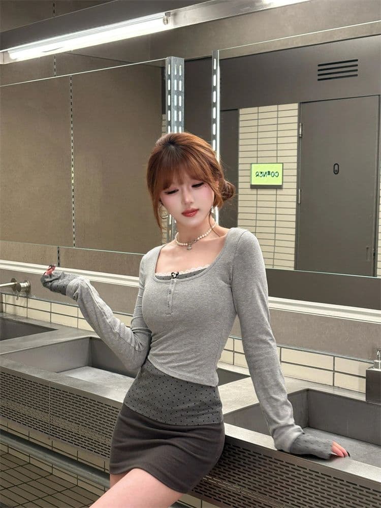 원본 원단 회색 도트 무늬 페이크 레이어드 긴팔 티셔츠 여성 가을 겨울 한 부서 품격 달콤한 매운맛 몸매 가꾸기 만나는 맨위 상세 이미지 3