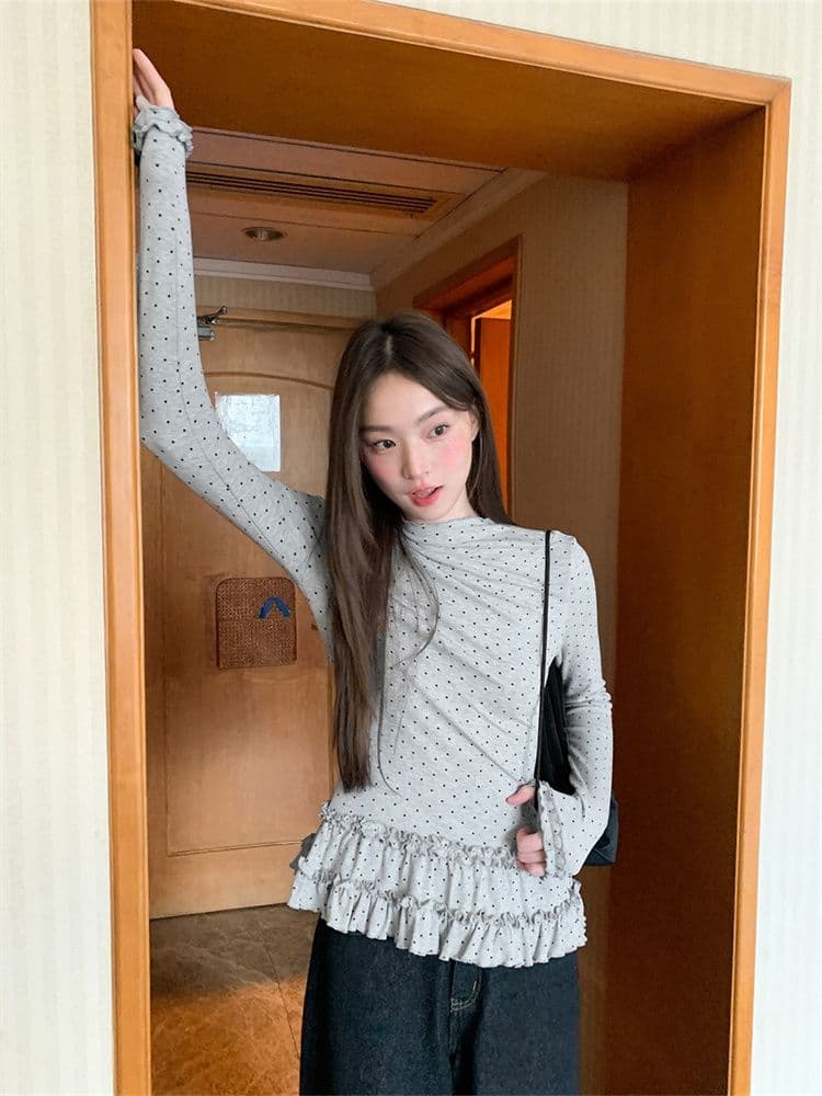 원본 원단 반하이넥 도트 무늬 긴팔 기본 셔츠 여성 가을 새로운 몸매 가꾸기 슬림해 보이는 프릴 티셔츠 맨위 이미지 4
