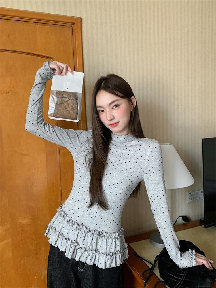 원본 원단 반하이넥 도트 무늬 긴팔 기본 셔츠 여성 가을 새로운 몸매 가꾸기 슬림해 보이는 프릴 티셔츠 맨위 이미지 3