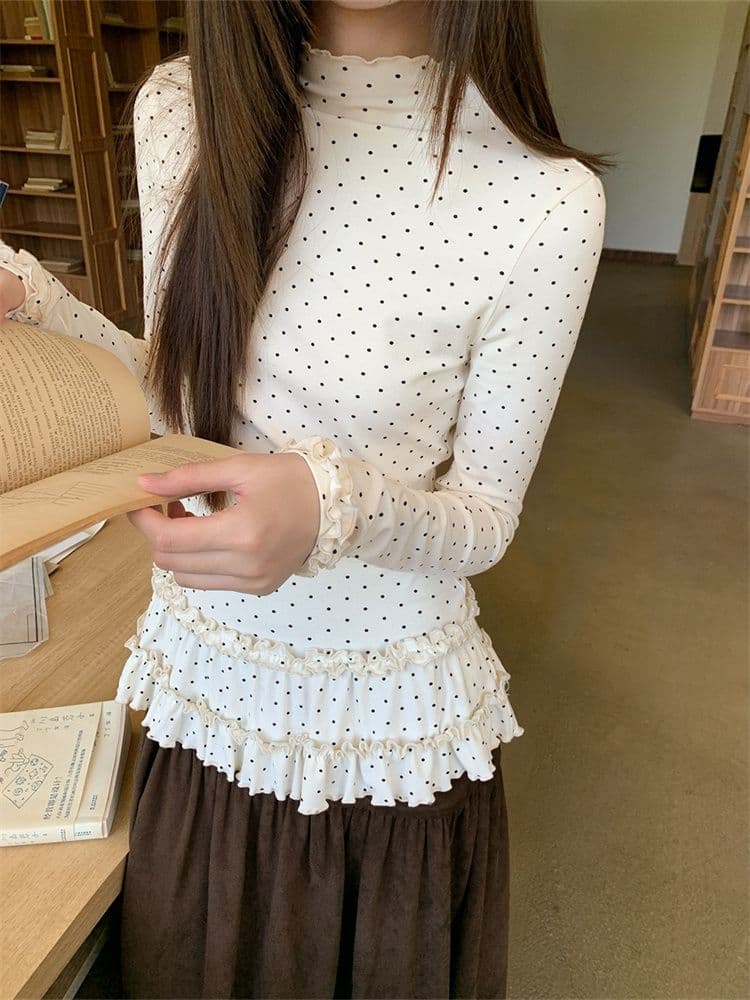 원본 원단 반하이넥 도트 무늬 긴팔 기본 셔츠 여성 가을 새로운 몸매 가꾸기 슬림해 보이는 프릴 티셔츠 맨위