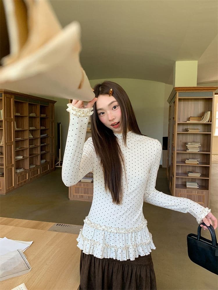 원본 원단 반하이넥 도트 무늬 긴팔 기본 셔츠 여성 가을 새로운 몸매 가꾸기 슬림해 보이는 프릴 티셔츠 맨위 상세 이미지 3