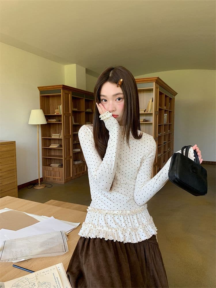 원본 원단 반하이넥 도트 무늬 긴팔 기본 셔츠 여성 가을 새로운 몸매 가꾸기 슬림해 보이는 프릴 티셔츠 맨위 상세 이미지 4