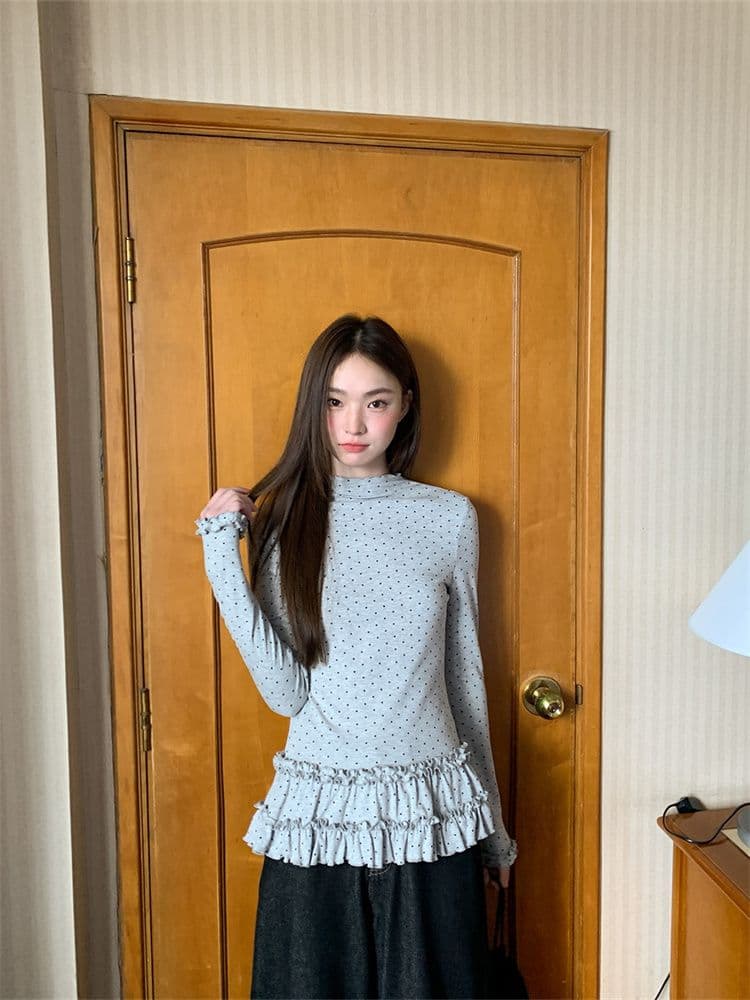 원본 원단 반하이넥 도트 무늬 긴팔 기본 셔츠 여성 가을 새로운 몸매 가꾸기 슬림해 보이는 프릴 티셔츠 맨위 상세 이미지 7