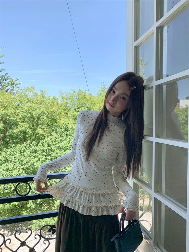원본 원단 반하이넥 도트 무늬 긴팔 기본 셔츠 여성 가을 새로운 몸매 가꾸기 슬림해 보이는 프릴 티셔츠 맨위 상세 이미지 8