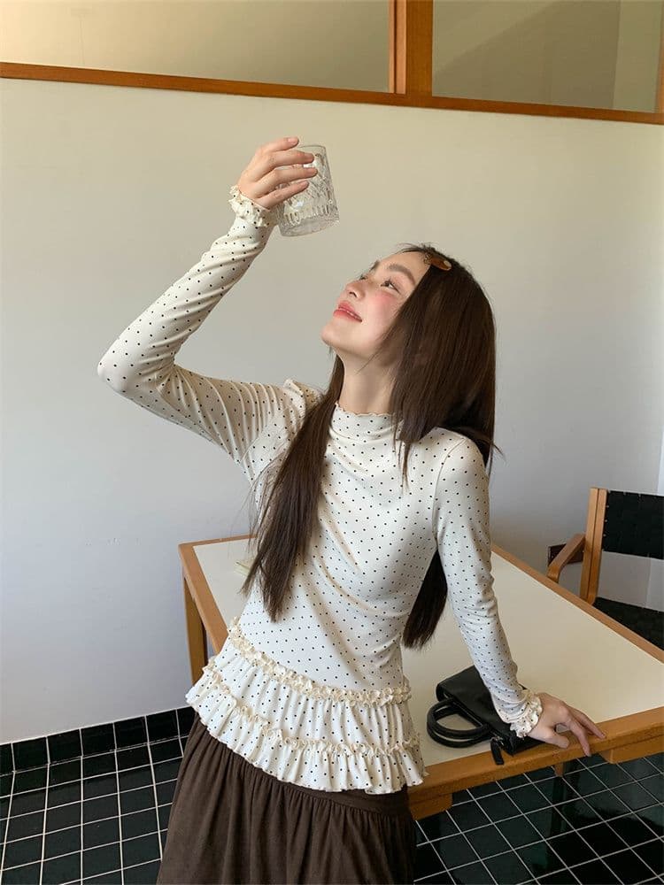 원본 원단 반하이넥 도트 무늬 긴팔 기본 셔츠 여성 가을 새로운 몸매 가꾸기 슬림해 보이는 프릴 티셔츠 맨위 상세 이미지 9