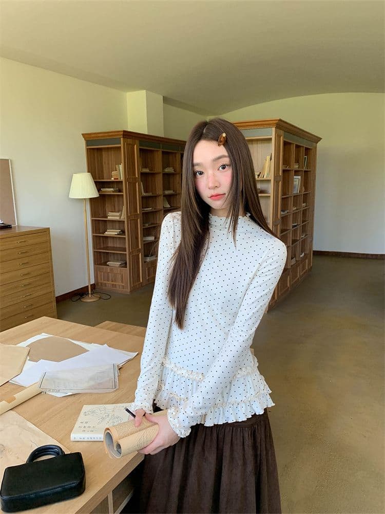 원본 원단 반하이넥 도트 무늬 긴팔 기본 셔츠 여성 가을 새로운 몸매 가꾸기 슬림해 보이는 프릴 티셔츠 맨위 상세 이미지 10