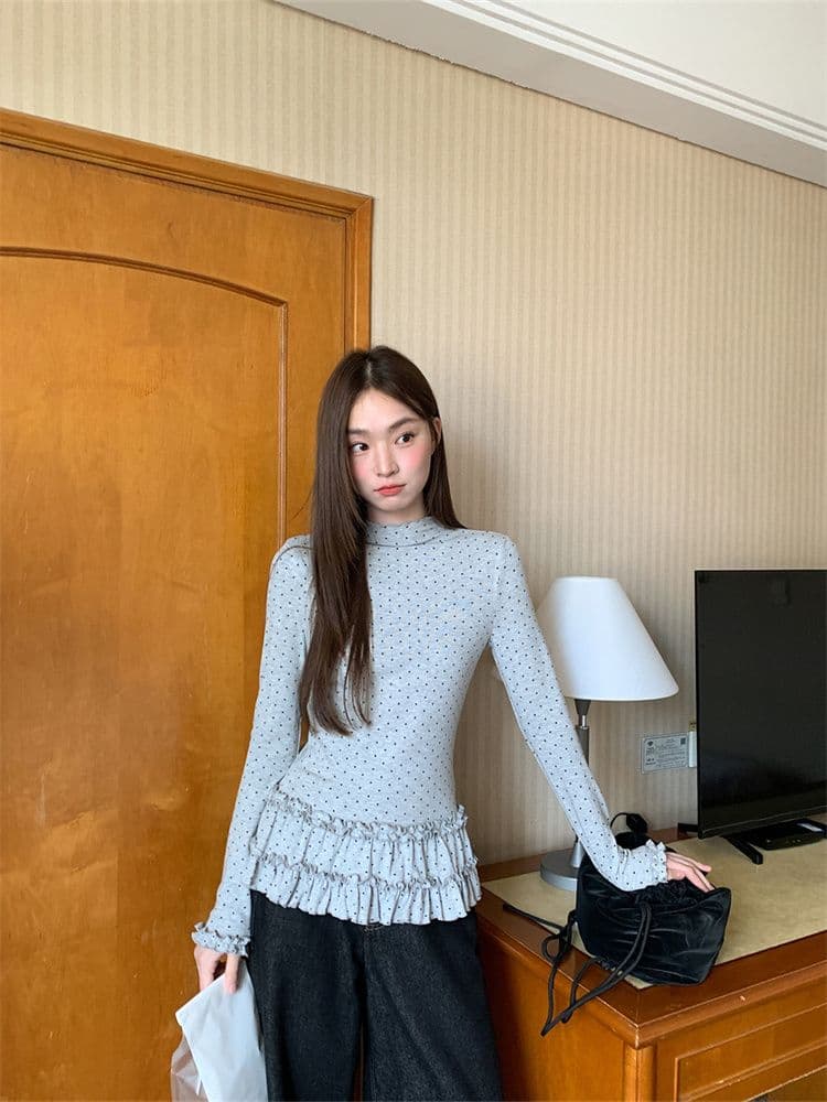 원본 원단 반하이넥 도트 무늬 긴팔 기본 셔츠 여성 가을 새로운 몸매 가꾸기 슬림해 보이는 프릴 티셔츠 맨위 상세 이미지 11