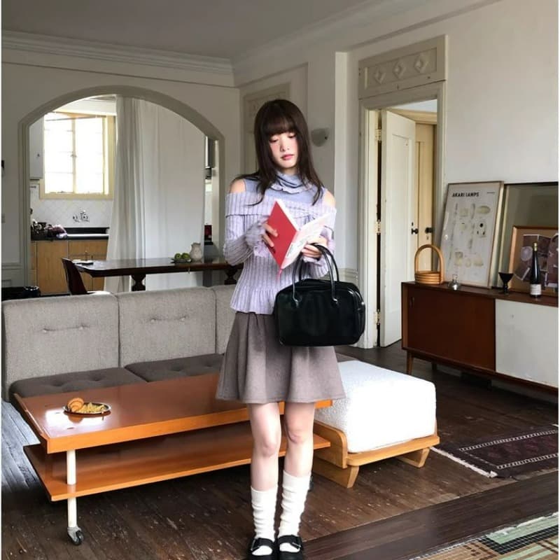 원본 원단 분위기 센스 보라색 패치워크 오프숄더 긴팔 티셔츠 여성 디자인 페이크 레이어드 순수한 욕망 반하이넥 맨위 이미지 5