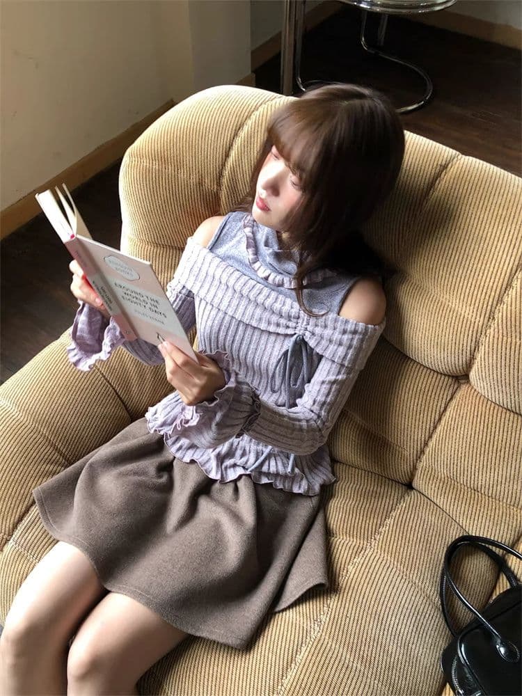 원본 원단 분위기 센스 보라색 패치워크 오프숄더 긴팔 티셔츠 여성 디자인 페이크 레이어드 순수한 욕망 반하이넥 맨위 상세 이미지 3