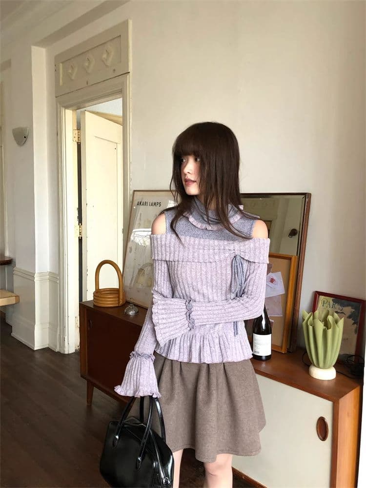 원본 원단 분위기 센스 보라색 패치워크 오프숄더 긴팔 티셔츠 여성 디자인 페이크 레이어드 순수한 욕망 반하이넥 맨위 상세 이미지 6