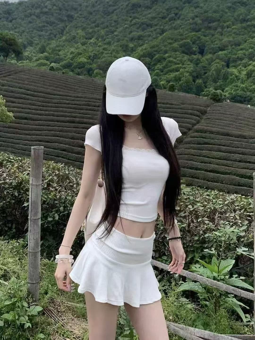 작은 키 한 부서 작은 대중 광장 칼라 레이스 조각 반팔 맨위 타이트 스커트 반 스커트 두 조각 여성 세트 여름 몸매 가꾸기 세트 상세 이미지 3