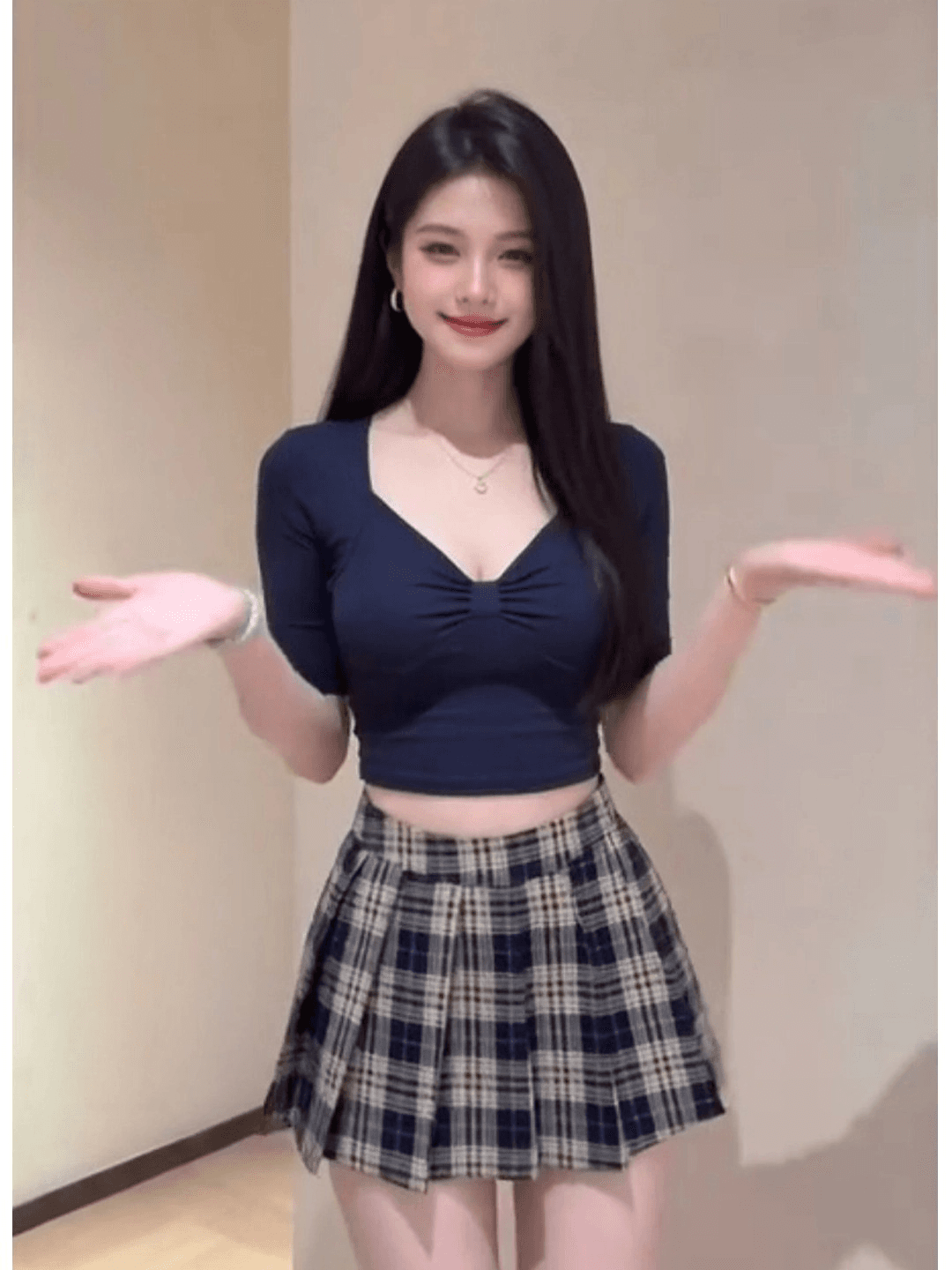 파란색 V넥 나비 매듭 반팔 티셔츠 체크무늬 미니 스커트 세트 여성 여름 작은 키 몸매 가꾸기 학원 스타일 상세 이미지 5