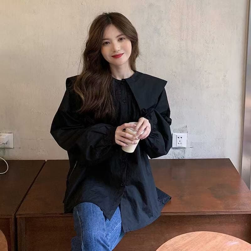 파란색 셔츠 루즈핏 느긋한 바람 디자인 센스 작은 대중 프랑스식 거품 소매 맨위 여성 여름 2026 새로운 셔츠 상세 이미지 1
