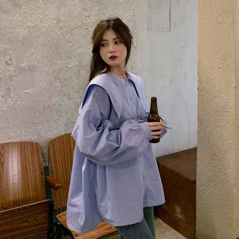 파란색 셔츠 루즈핏 느긋한 바람 디자인 센스 작은 대중 프랑스식 거품 소매 맨위 여성 여름 2026 새로운 셔츠 상세 이미지 8