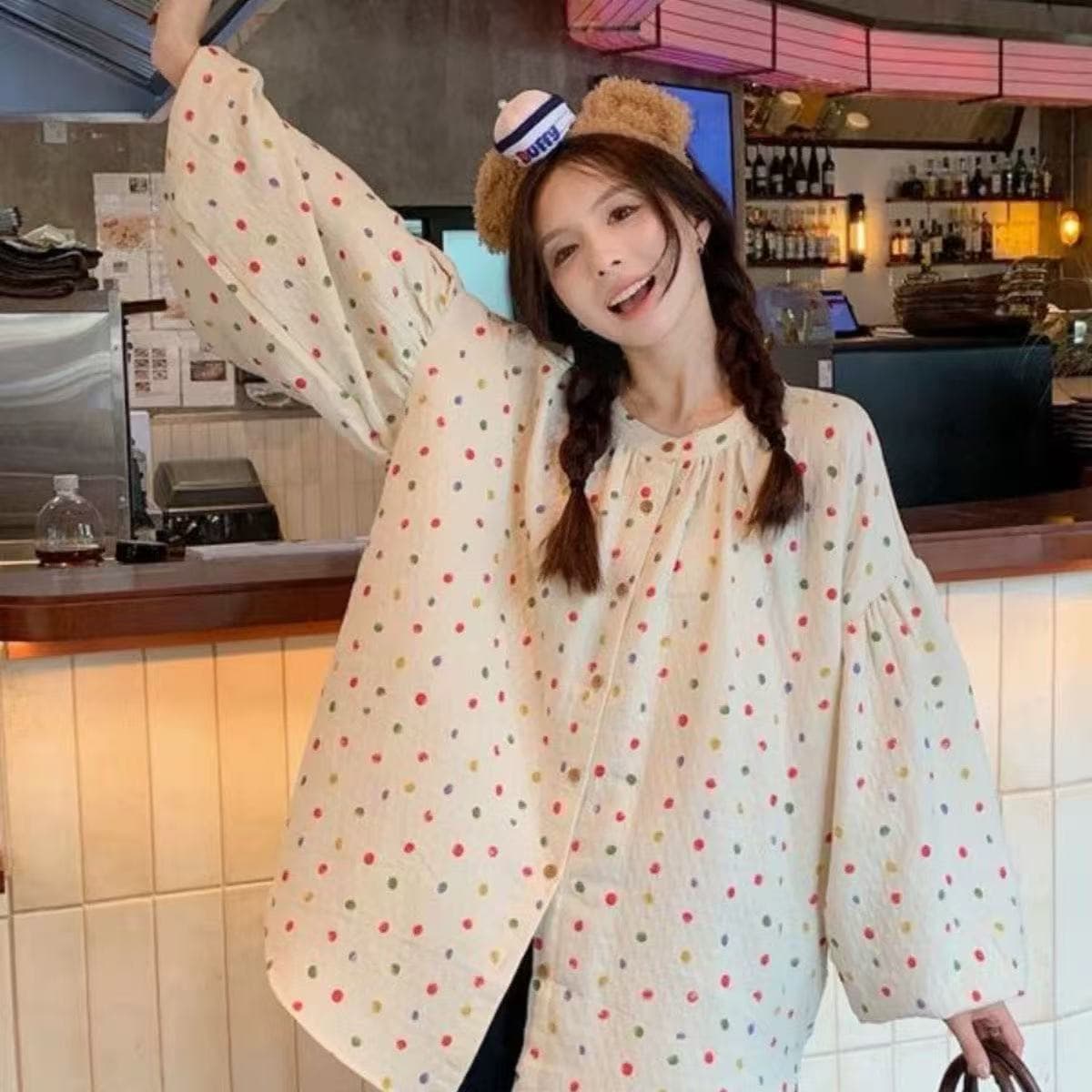 빅 사이즈 통통한 여동생 프랑스식 패션 도트 무늬 꽃무늬 긴팔 여성 셔츠 조기 봄 드레스 루즈핏 달콤함 맨위 여성 셔츠 상세 이미지 2