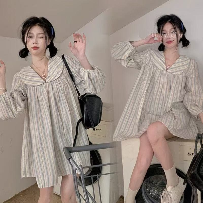 빅 사이즈 가을 가을 의상 한 마디 맨위 표지 pp 표지 배 긴팔 지방 mm 한국 스타일 루즈핏 스트라이프 셔츠 이미지 2