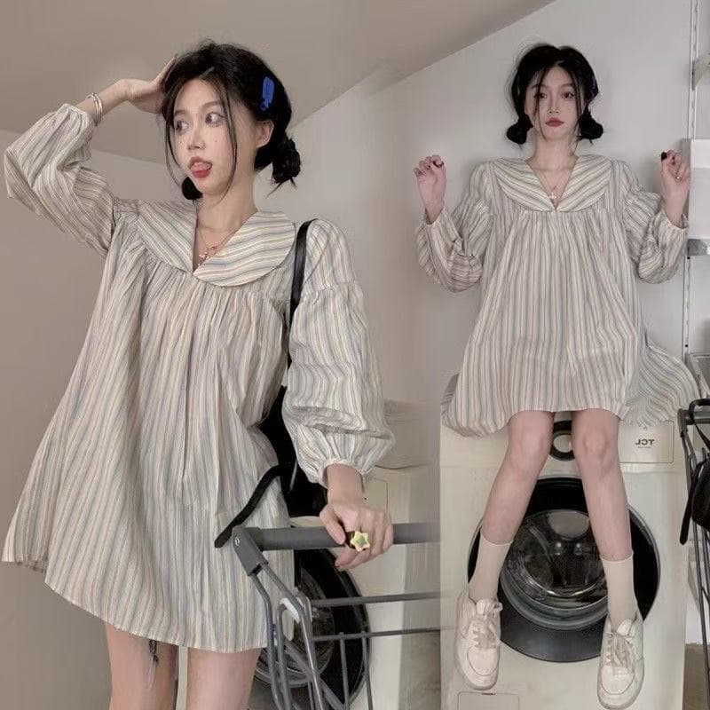 빅 사이즈 가을 가을 의상 한 마디 맨위 표지 pp 표지 배 긴팔 지방 mm 한국 스타일 루즈핏 스트라이프 셔츠