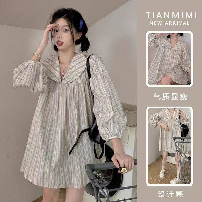 빅 사이즈 가을 가을 의상 한 마디 맨위 표지 pp 표지 배 긴팔 지방 mm 한국 스타일 루즈핏 스트라이프 셔츠 상세 이미지 4