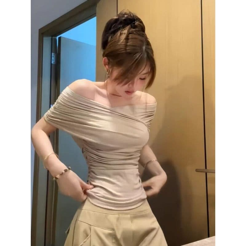 원본 것 핫걸 바람이 아닙니다. 규칙 주름 보트넥 맨위 여성 여름 허리 수축 슬림해 보이는 오프숄더 티셔츠 이미지 2
