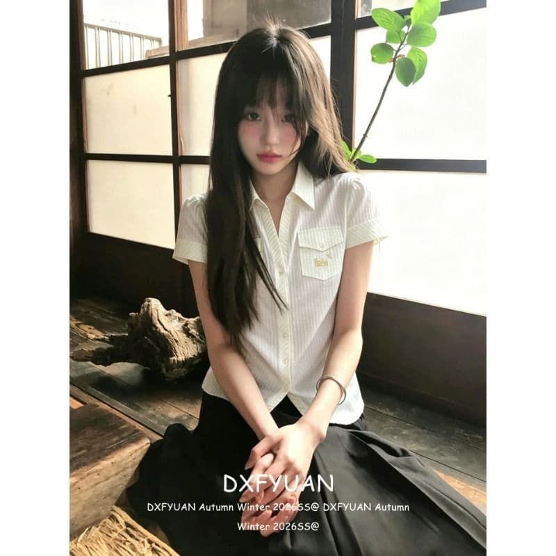 원본 자카드 스트라이프 아메리칸 질감 센스 셔츠 반팔 여성 여름 긍정적 인 어깨 POLO 셔츠 몸매 가꾸기 맨위 이미지 3
