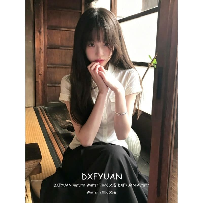 원본 자카드 스트라이프 아메리칸 질감 센스 셔츠 반팔 여성 여름 긍정적 인 어깨 POLO 셔츠 몸매 가꾸기 맨위