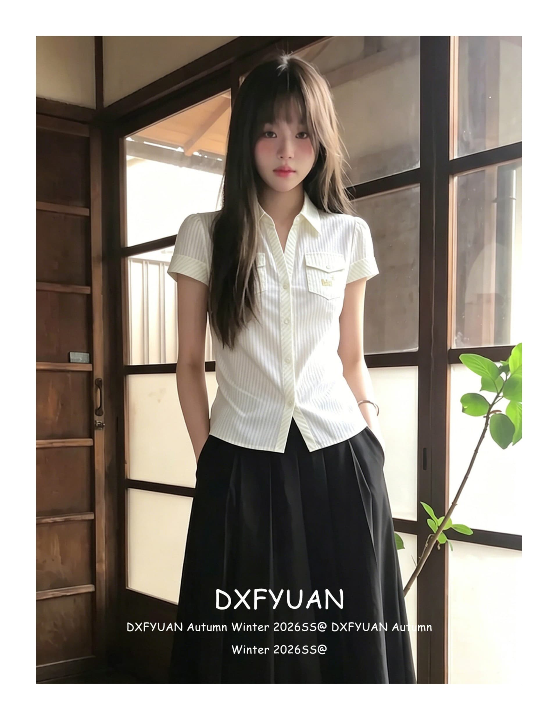 원본 자카드 스트라이프 아메리칸 질감 센스 셔츠 반팔 여성 여름 긍정적 인 어깨 POLO 셔츠 몸매 가꾸기 맨위 상세 이미지 5