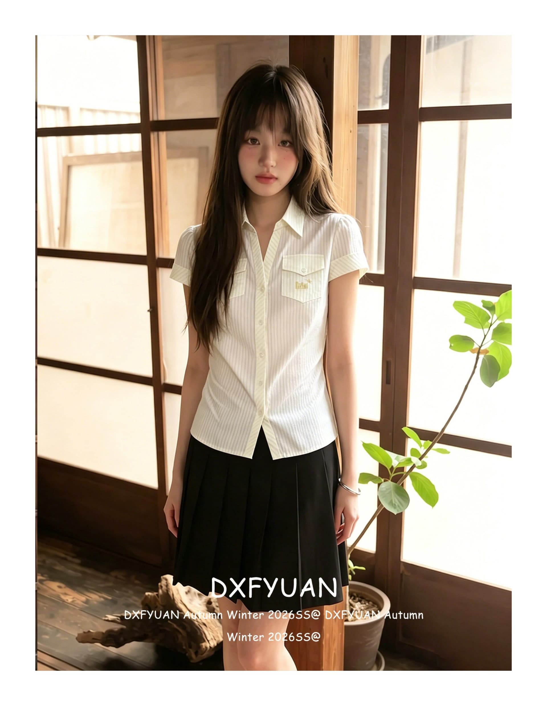 원본 자카드 스트라이프 아메리칸 질감 센스 셔츠 반팔 여성 여름 긍정적 인 어깨 POLO 셔츠 몸매 가꾸기 맨위 상세 이미지 6