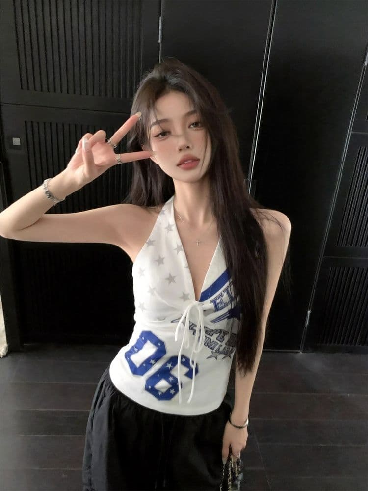 40 순면 아메리칸 알파벳 프린트 저지 바람 캐미솔 여름 핫걸 몸매 가꾸기 슬림해 보이는 행침 목 맨위 이미지 3