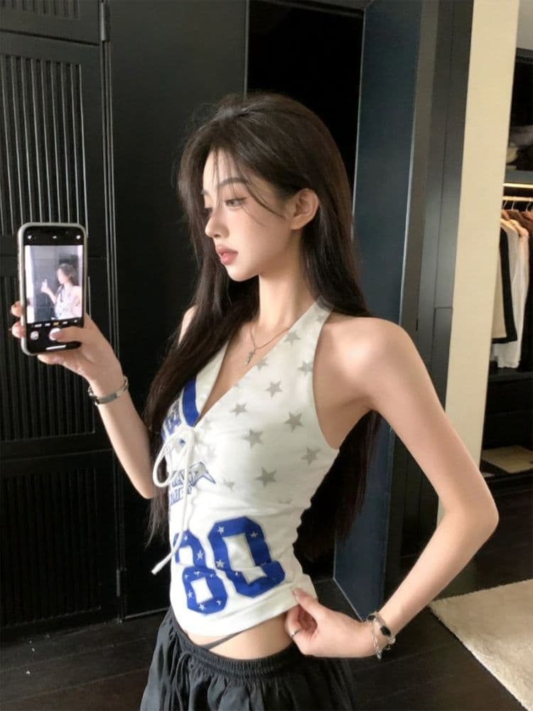 40 순면 아메리칸 알파벳 프린트 저지 바람 캐미솔 여름 핫걸 몸매 가꾸기 슬림해 보이는 행침 목 맨위 이미지 2