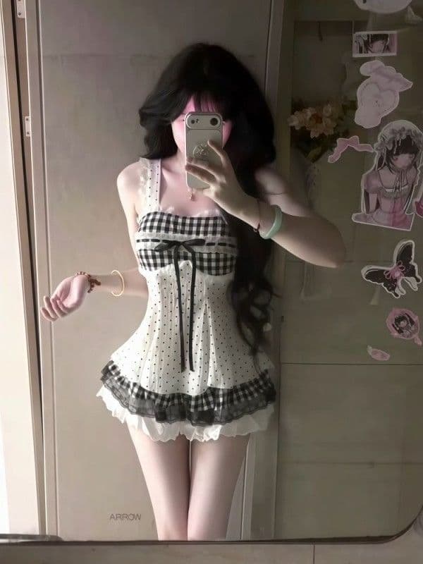귀여운 달콤함 소녀 센스 자이언트 잘 생긴 세트 여름 레이스 나비 매듭 체크무늬 슬립 맨위 미니 스커트 투피스 세트 이미지 2