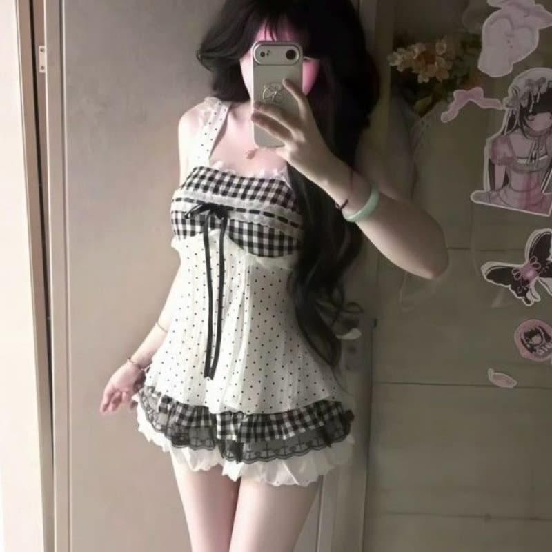 귀여운 달콤함 소녀 센스 자이언트 잘 생긴 세트 여름 레이스 나비 매듭 체크무늬 슬립 맨위 미니 스커트 투피스 세트 이미지 5