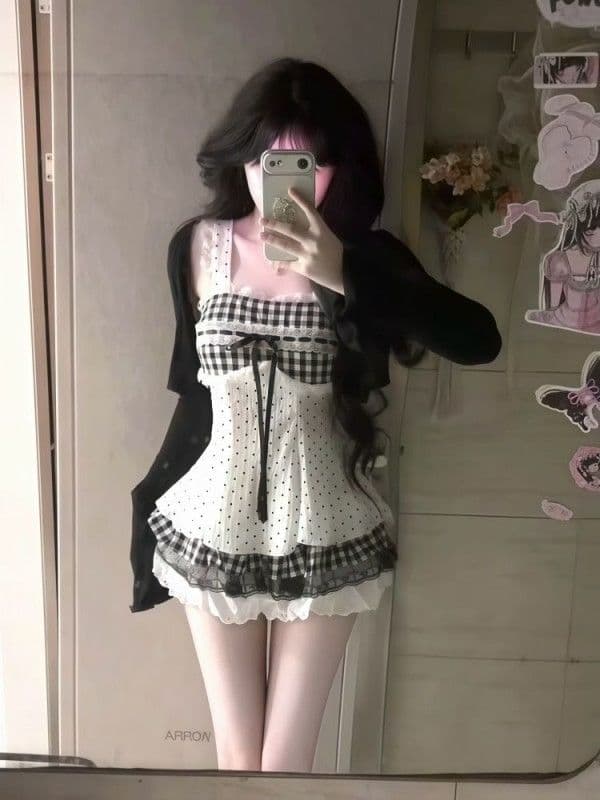 귀여운 달콤함 소녀 센스 자이언트 잘 생긴 세트 여름 레이스 나비 매듭 체크무늬 슬립 맨위 미니 스커트 투피스 세트 상세 이미지 3