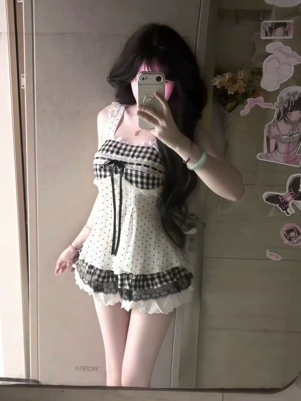 귀여운 달콤함 소녀 센스 자이언트 잘 생긴 세트 여름 레이스 나비 매듭 체크무늬 슬립 맨위 미니 스커트 투피스 세트 상세 이미지 5