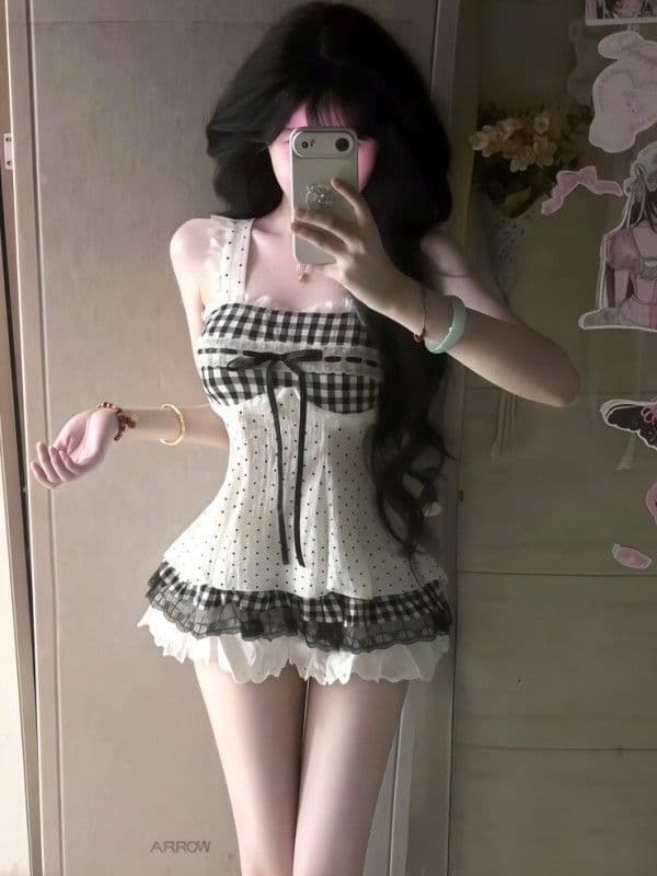 귀여운 달콤함 소녀 센스 자이언트 잘 생긴 세트 여름 레이스 나비 매듭 체크무늬 슬립 맨위 미니 스커트 투피스 세트 상세 이미지 6