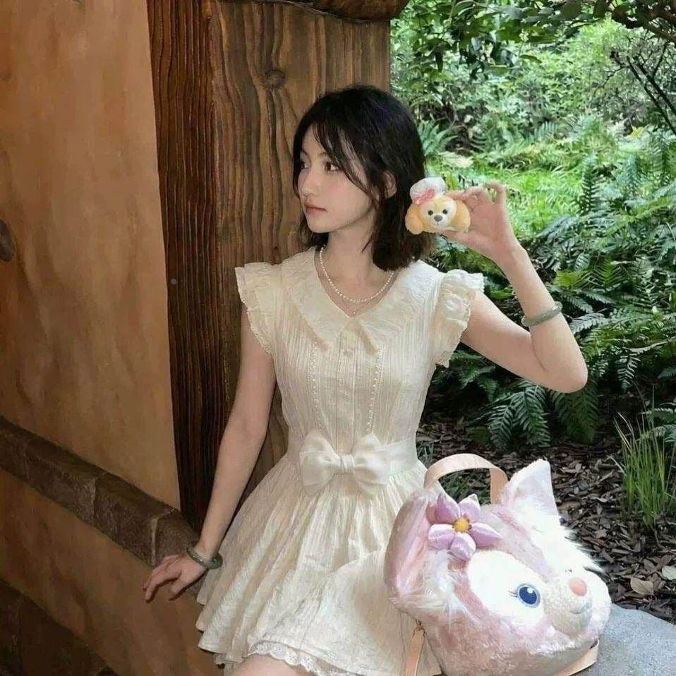 이리저리 떠다니다 번쩍였다 조각 작은 의류 프랑스식 달콤함 연령 감소 살구 색상 학원 스타일 여행 베이비 칼라 여성 드레스 공주 드레스 여름 이미지 4