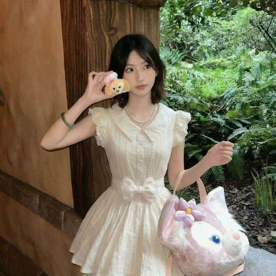 이리저리 떠다니다 번쩍였다 조각 작은 의류 프랑스식 달콤함 연령 감소 살구 색상 학원 스타일 여행 베이비 칼라 여성 드레스 공주 드레스 여름 이미지 2