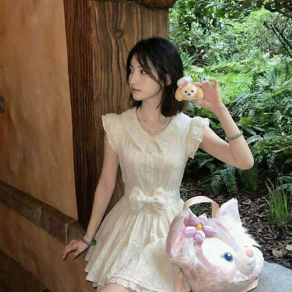 이리저리 떠다니다 번쩍였다 조각 작은 의류 프랑스식 달콤함 연령 감소 살구 색상 학원 스타일 여행 베이비 칼라 여성 드레스 공주 드레스 여름 상세 이미지 3