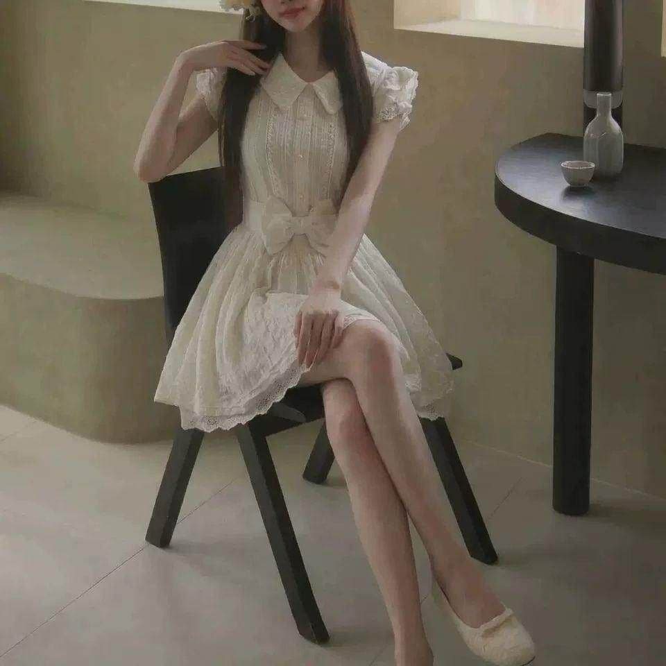 이리저리 떠다니다 번쩍였다 조각 작은 의류 프랑스식 달콤함 연령 감소 살구 색상 학원 스타일 여행 베이비 칼라 여성 드레스 공주 드레스 여름 상세 이미지 8