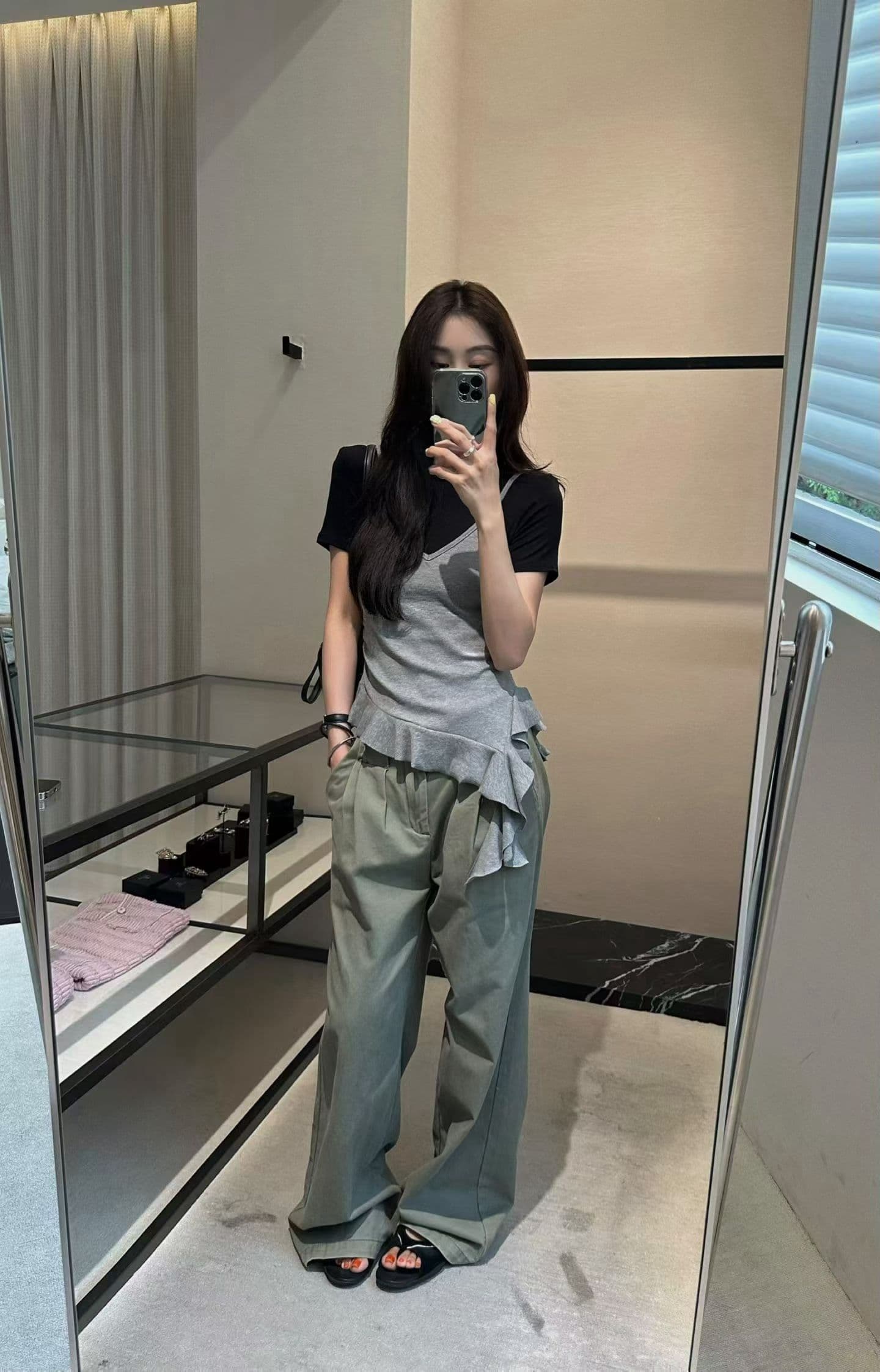 260g 사람들 면 와 사고 방식 불규칙 프릴 반팔 몸매 가꾸기 패치워크 색상 몸매 가꾸기 페이크 레이어드 맨위 상세 이미지 5