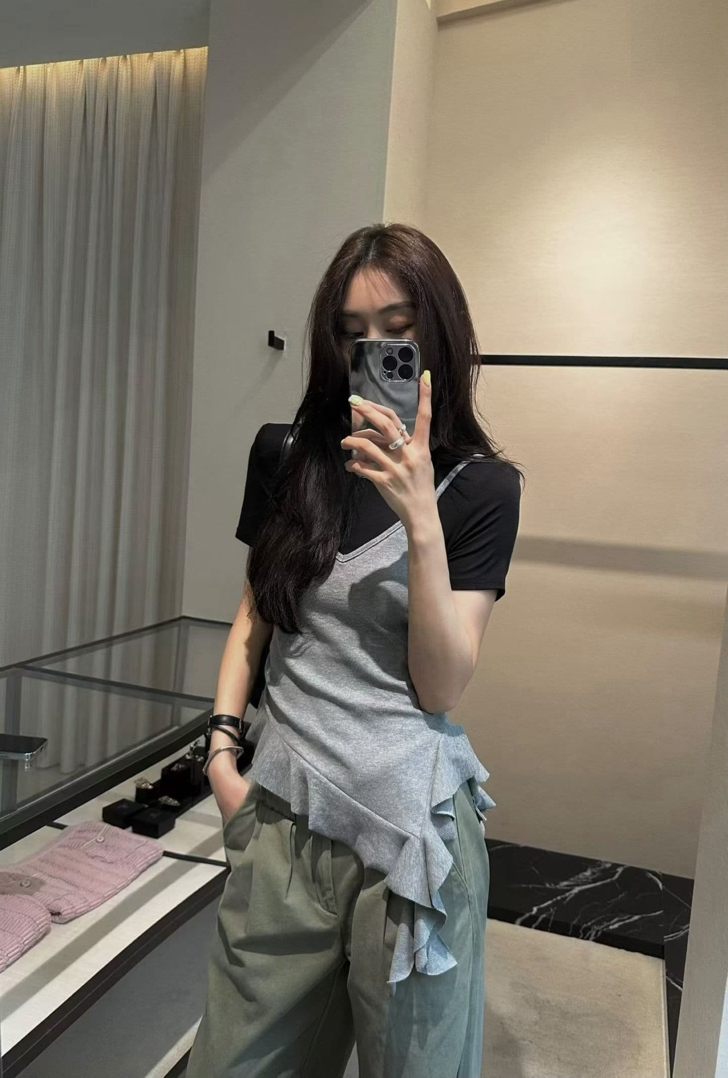 260g 사람들 면 와 사고 방식 불규칙 프릴 반팔 몸매 가꾸기 패치워크 색상 몸매 가꾸기 페이크 레이어드 맨위 상세 이미지 8