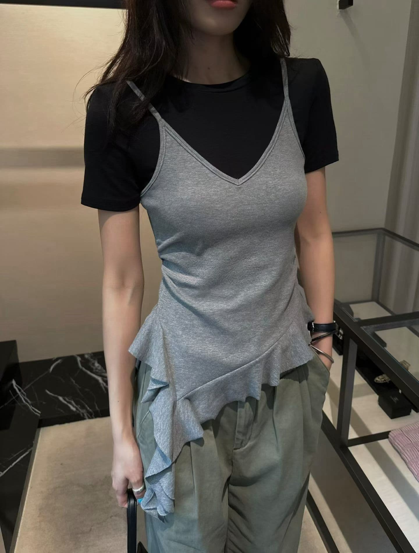 260g 사람들 면 와 사고 방식 불규칙 프릴 반팔 몸매 가꾸기 패치워크 색상 몸매 가꾸기 페이크 레이어드 맨위 상세 이미지 9