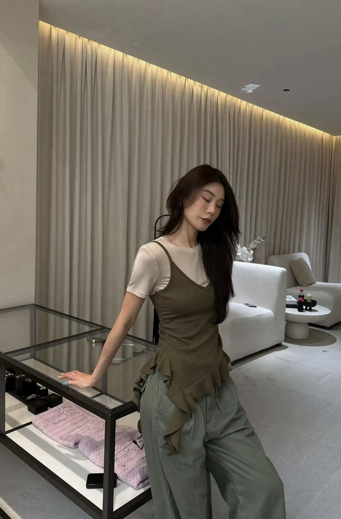 260g 사람들 면 와 사고 방식 불규칙 프릴 반팔 몸매 가꾸기 패치워크 색상 몸매 가꾸기 페이크 레이어드 맨위 상세 이미지 13