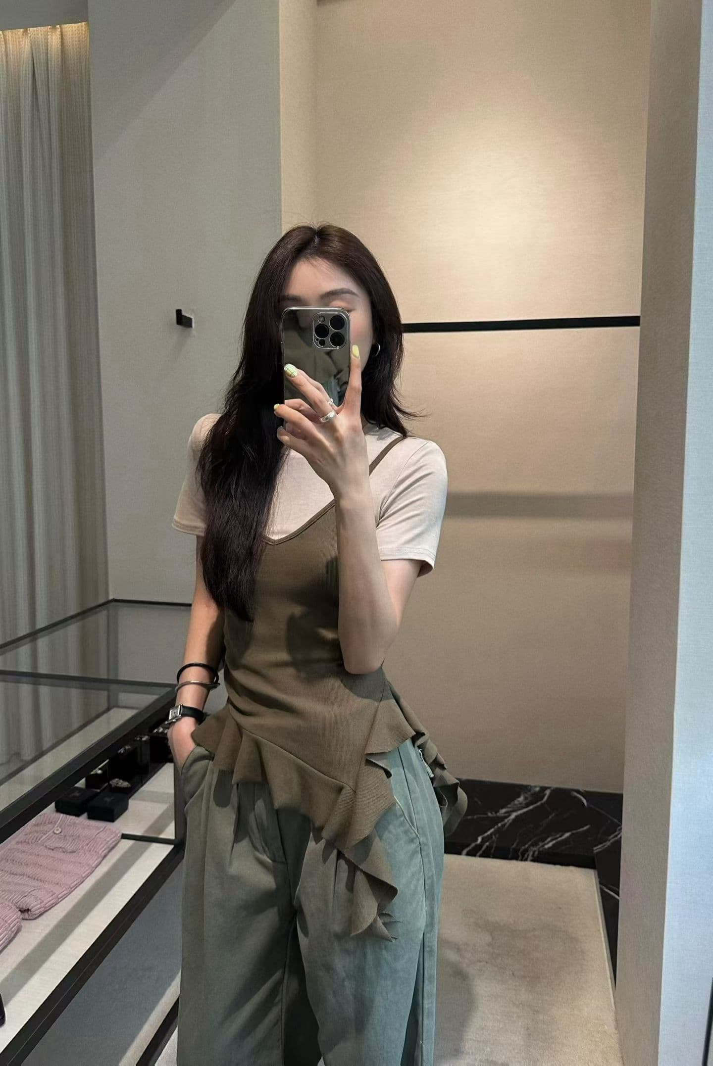260g 사람들 면 와 사고 방식 불규칙 프릴 반팔 몸매 가꾸기 패치워크 색상 몸매 가꾸기 페이크 레이어드 맨위 상세 이미지 15