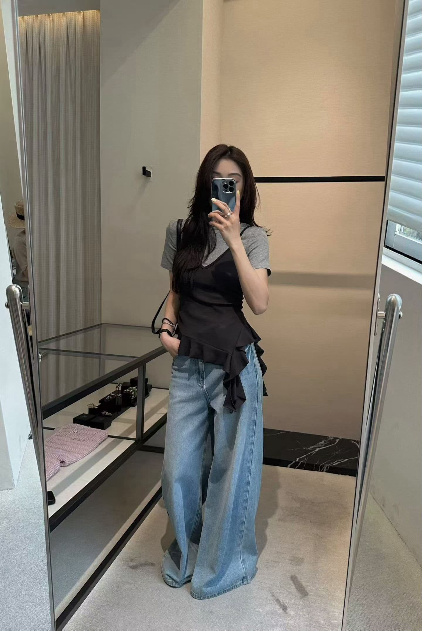 260g 사람들 면 와 사고 방식 불규칙 프릴 반팔 몸매 가꾸기 패치워크 색상 몸매 가꾸기 페이크 레이어드 맨위 상세 이미지 18