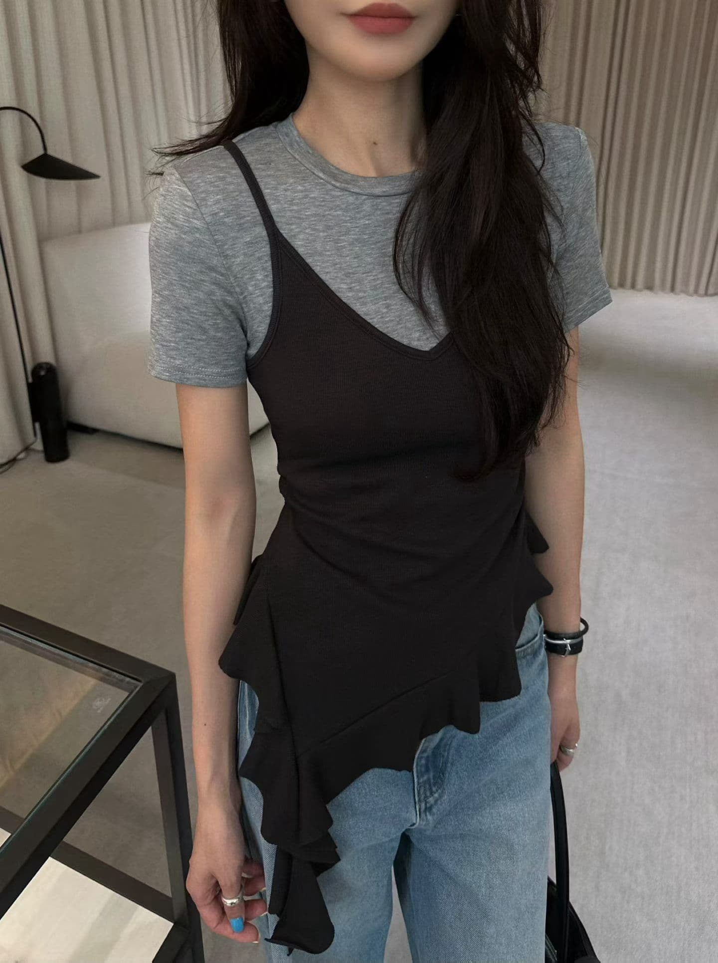260g 사람들 면 와 사고 방식 불규칙 프릴 반팔 몸매 가꾸기 패치워크 색상 몸매 가꾸기 페이크 레이어드 맨위 상세 이미지 19